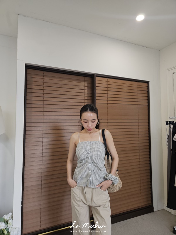 平口小格紋排扣背心+髮圈兩件組